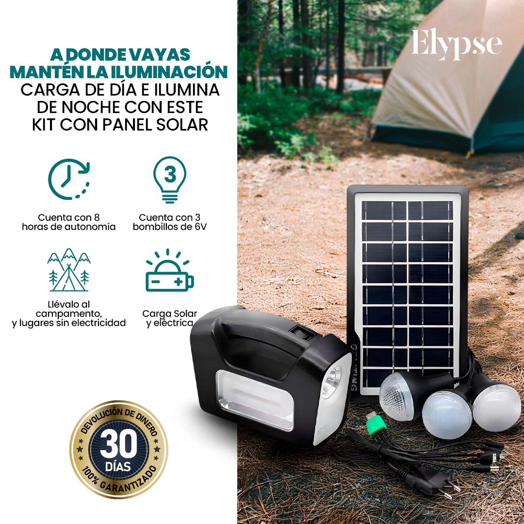 Kit Lampara De Emergencia Solar Camping Usb + 3 Ampolletas Color Negro
